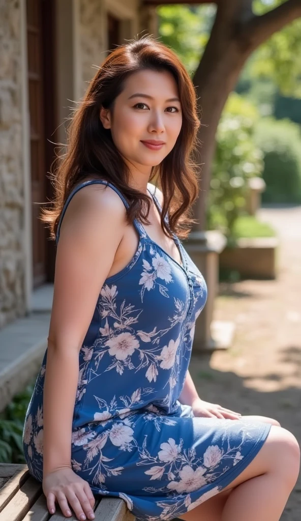 ((最high quality, 8k, masterpiece: 1.3)), (close:0.75), Realistic, Sharp focus, high quality, High resolution, Japanese women、48 years old、Middle-aged mature woman face、Chubby body type、Her breasts are huge, measuring 40 inches. {Wearing a floral dress}, ((Very strong sunlight)), smile, Red hair bun hair,真昼のオフィス街でカメラに向かいsmile、Upper body image、smileのアップ8K画像、