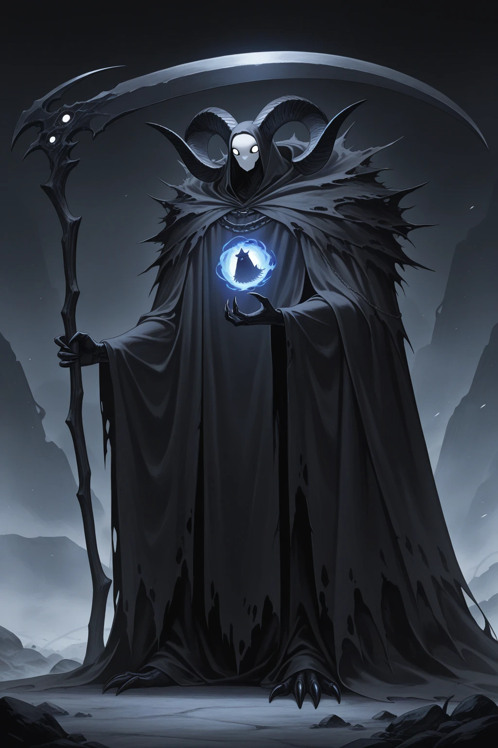 A terrifying-looking spectral entity, shrouded in dark fog and twisted shadows, Your eyes are two empty sockets, shining with a pale, unsettling glow within the dark mist.
