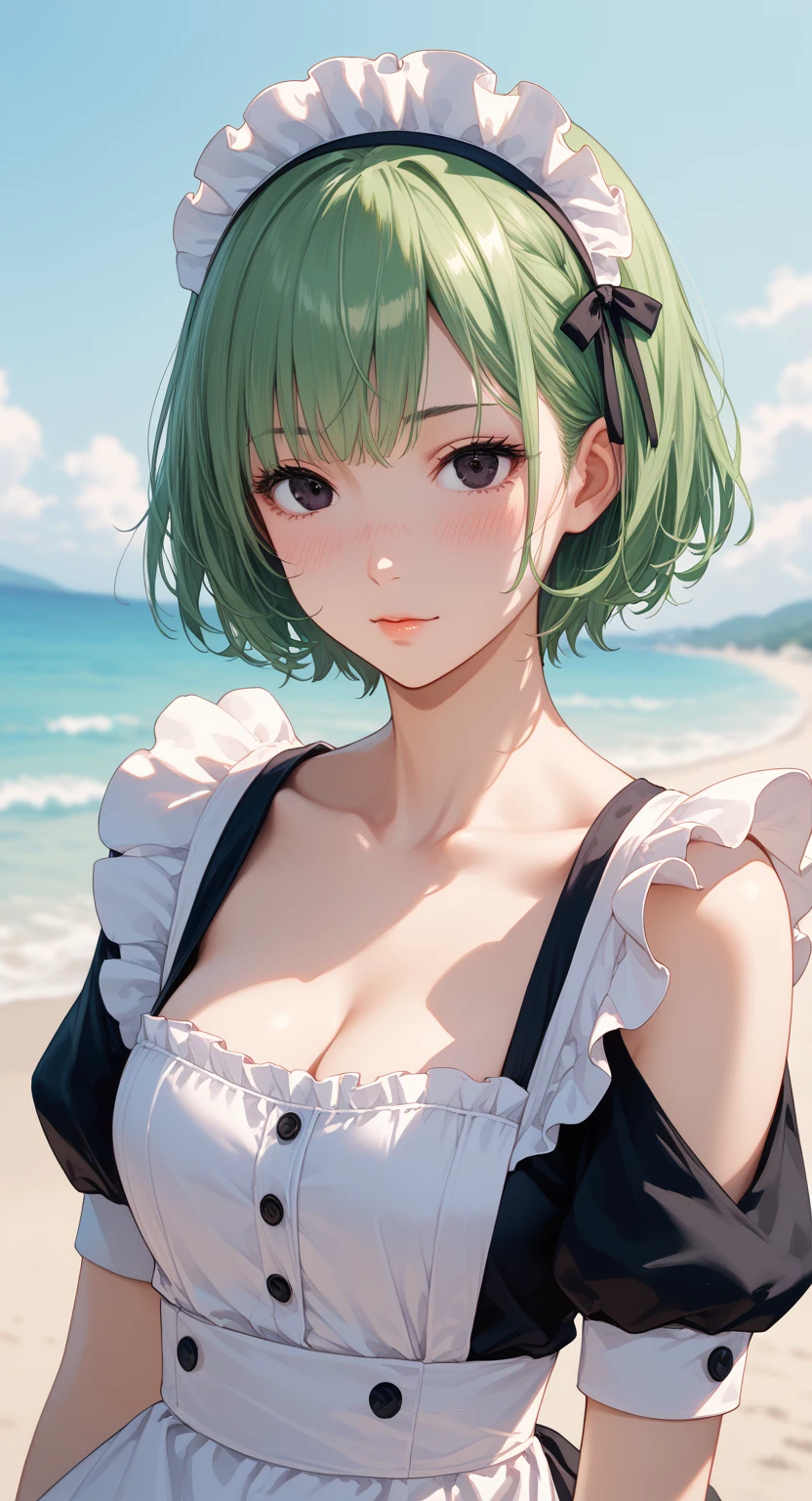 ((masterpiece)), (best quality:1.7), (detailed:1.4), (high res:1.4), 8k, (colorful:1.5), high resolution, sharped image, 4k, hd, (beautiful detailed background:1.2), (beautiful lighting:1.2), (highly detailed:1.2), perfect lighting, (8k wallpaper:1.2), (highly detailed:1.2), (extremely detailed CG:1.2), 2d, ((1girl)), solo, fubuki_opm, black hair, green hair, green eyes, short hair, big breasts, curvy body, cowboy shot, white robe on shoulders, white bikini, beach hut, varities of foods on the table, ocean, beach, ((looking at viewer)), ((finger on the chin)), (smile), ((blush))