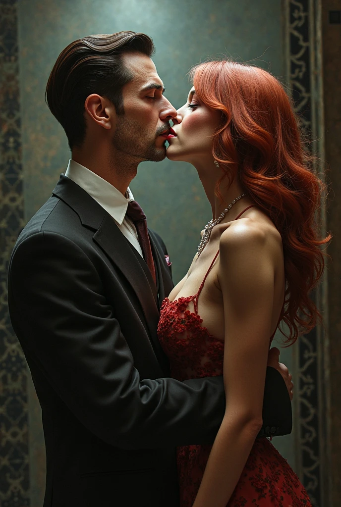 A redhead girl with wavy hair, cinnamon skin and hazel green eyes with a buxom body hugging a black-haired, cinnamon-skinned boy with brown eyes who is sitting on a throne holding a gun Kissing (The place is set against a black background with grey.