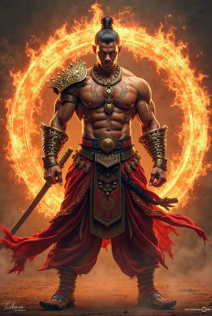 A fantasy image of a robust and handsome man with a raging fire behind him, wearing gold ornaments, shirtless, wearing a red ornate dhoti, standing in a palace, upper body, front view
