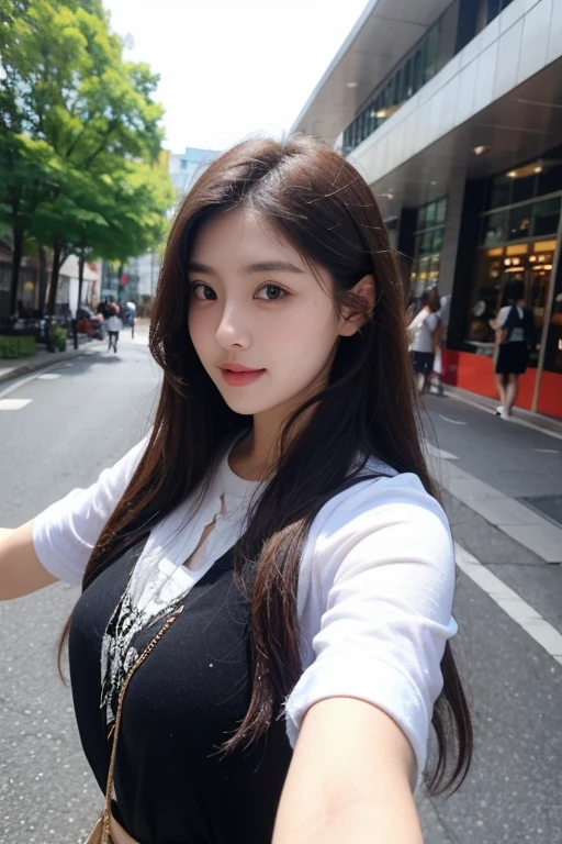 ((Realistic lighting, highest quality, 8k, masterpiece: 1.3)), concentrated: 1.2, One Japanese girl, Perfect figure: 1.4, Slim Abs: 1.1, ((Dark brown hair,whole body)), (Street fashion: 1.4), (Outdoor, night: 1.1), street, Very beautiful face, Beautiful Eyes, double eyelid,Dimples,A kind smile,
