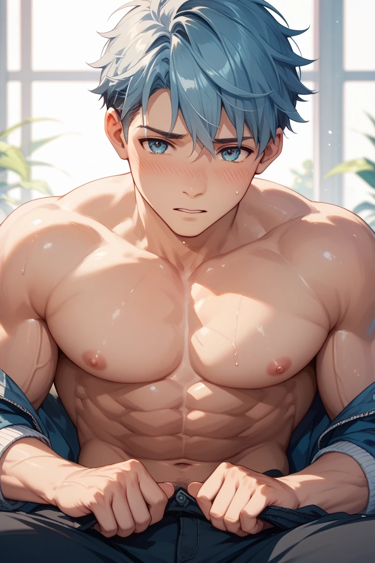 blue hair boy , blue eyes, muscular, hot and sexy sweaty body, shirtless, wearing short white shorts, sitting on a bench, touching his erect cock