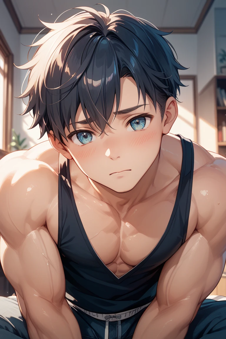 (masterpiece, 3D anime style, more detail, ultra detail), (1 man), black hair, blue eyes, tank top, chiseled abs, chiseled pecs, bed, lying on the bed, hands up, blushing, sweating, panting, scared.