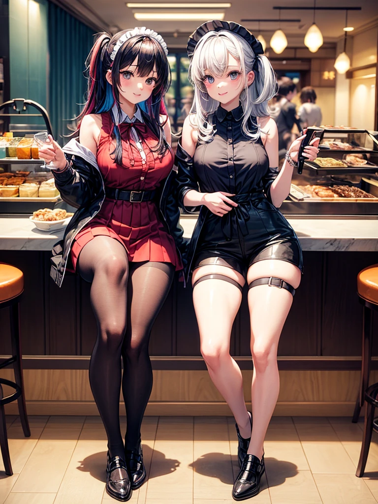 (3heads:1.3), (1boy:1.1), (male female couple), red eyes, long white hair, long blonde hair, short black hair, cute, (masculine:1.5), (masterpiece), (high quality), (best resolution), :D, cute face, black nails, looking at viewer, anime convention, beautiful background, hand on hip, (pink hoodie), skirt, (wide hips:1.3), (thick thighs:1.3), (masculine chest:1.1), (flatchested)