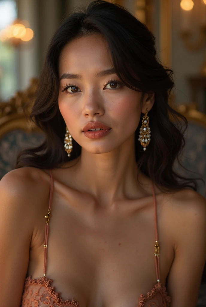 lovely princess woman, charming, unique, individual, distinctive face, sexy, mysterious, touching, innocent, peaceful, soothing, cleavage, radiant, elegant, noble, gold, jewels,
