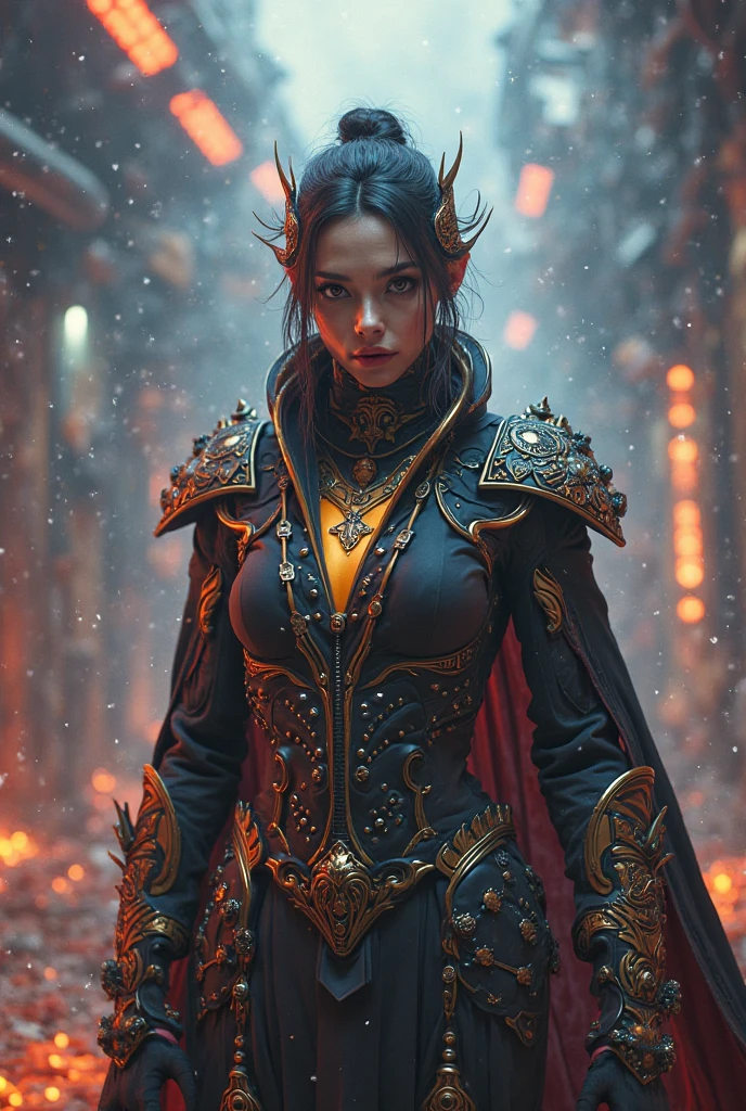 wearing a black dress,An Arad woman with large hair, intricate costume design, wearing witchblade armor, unreal engine rendered + A goddess, 4 K detail fantasy, fantasy style 8 k octane render, cinematic goddess close shot, photogenic details on armor, cinematic goddess shot, detailed cinematic render, cgsociety 8 k, cgsociety 8k, cgsociety 8k