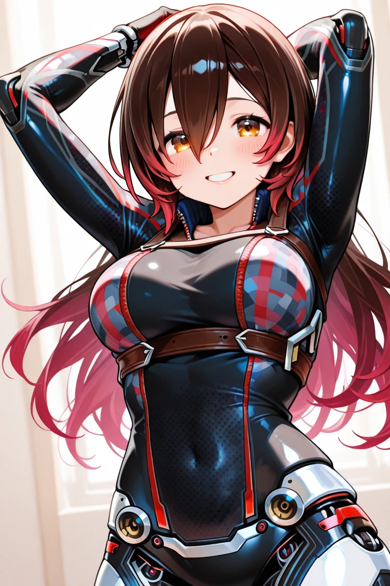 masterpiece, best quality, finely detailed, high resolution, 1girl, brown long hair, brown hair, heart on cheek, heart on face, pink eyes, showing butt, fskinny waist, big hips, disgusted face, gross face, sexy, pink, (huge breasts), narrow waist, (huge thighs), black leather, black and pink striped socks, leather thigh high socks, huge horns, vampire, evil, disgusted face, angry face, narrow eyebrows, mouth open, showing fangs, leggings, wearing latex pants, tight pants on, evil, pink background, space girl, mouth open, nose scrunched, really angry, evil smile, pink alien skin, gloves, pink striped socks, thigh high socks, vampire, pink hearts, leather body suit, huge thighs, thick thighs, latex pants, showing butt