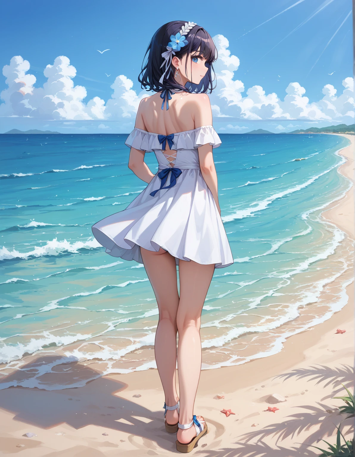 masterpiece, best quality, 1girl, bikini, back, back focus, beach, standing, facing the ocean, full body, <lora:qqq-back-v1:0.8>