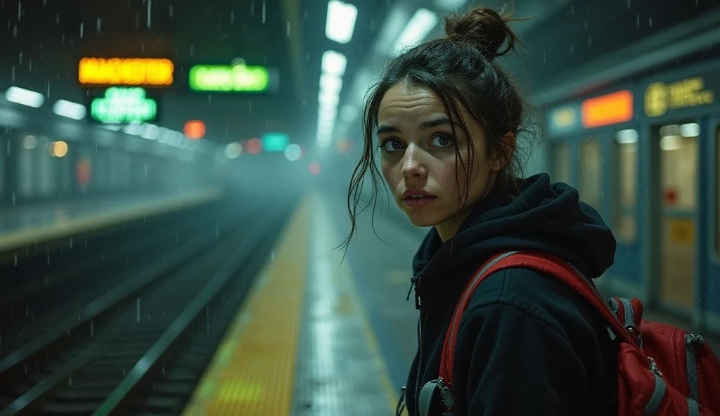 A young woman stands on a dimly lit train platform at night, looking ...