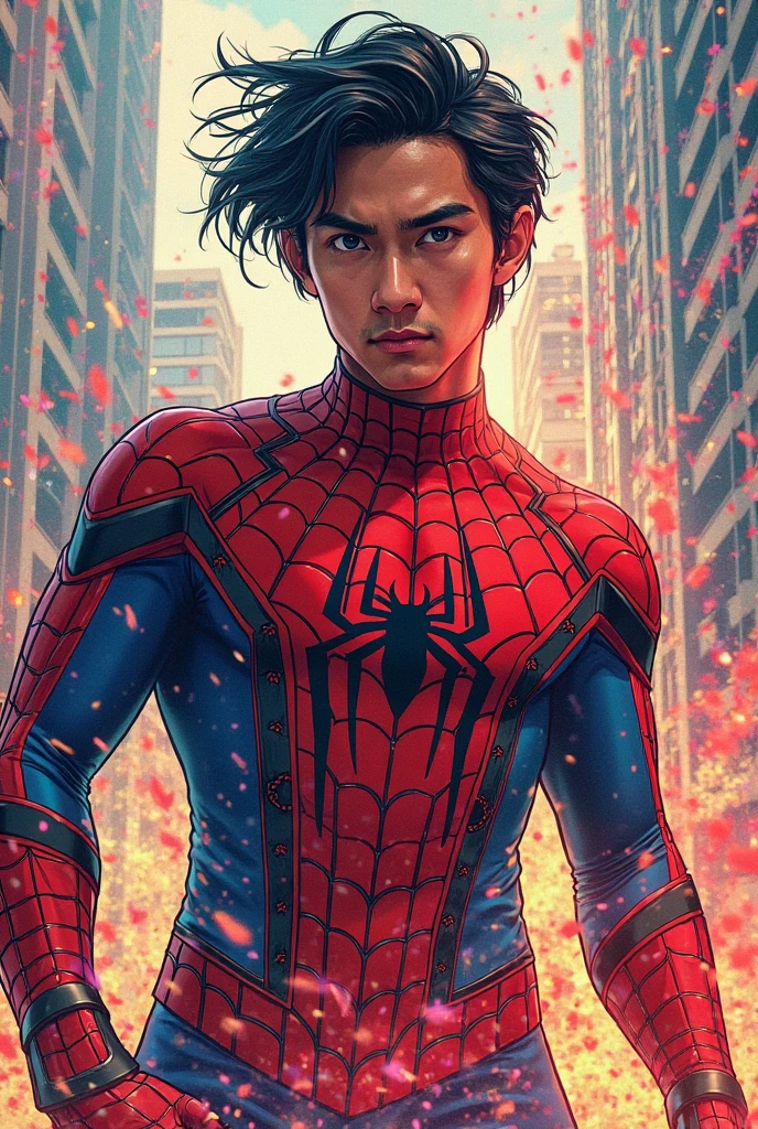 A Dramatic Javanese man as a Spiderman who wearing traditional Javanese clothing and swing on the building using webs, cinematic, extreem realistic, extreem detailed, extreem Sharp, middle close-up shot, full body shot
