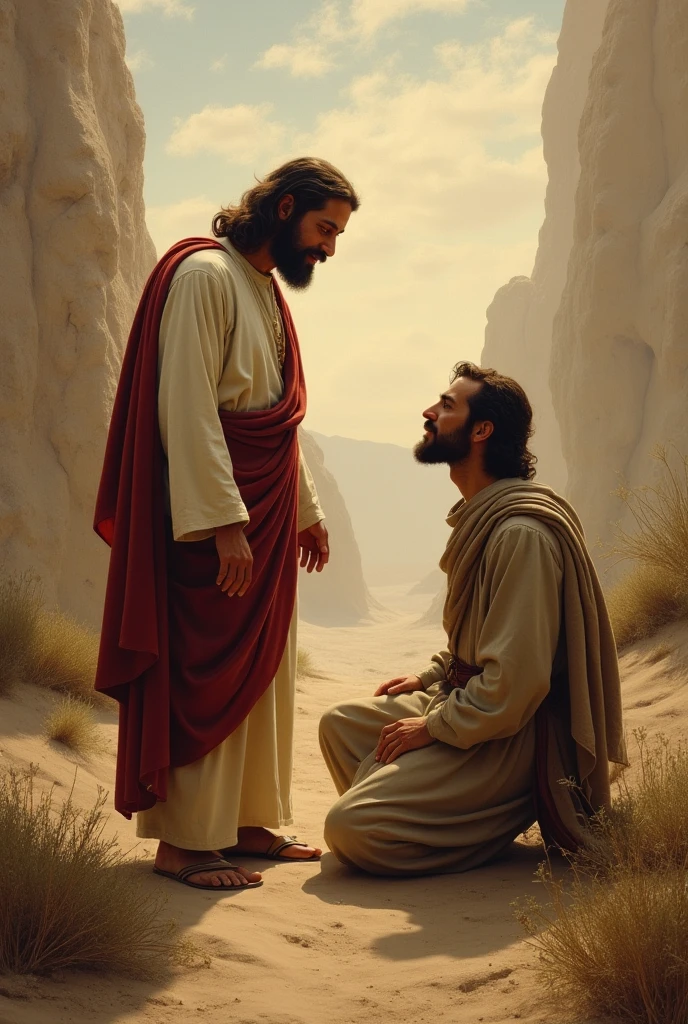 Ultra-realistic image of 21st century young man meeting Jesus Christ