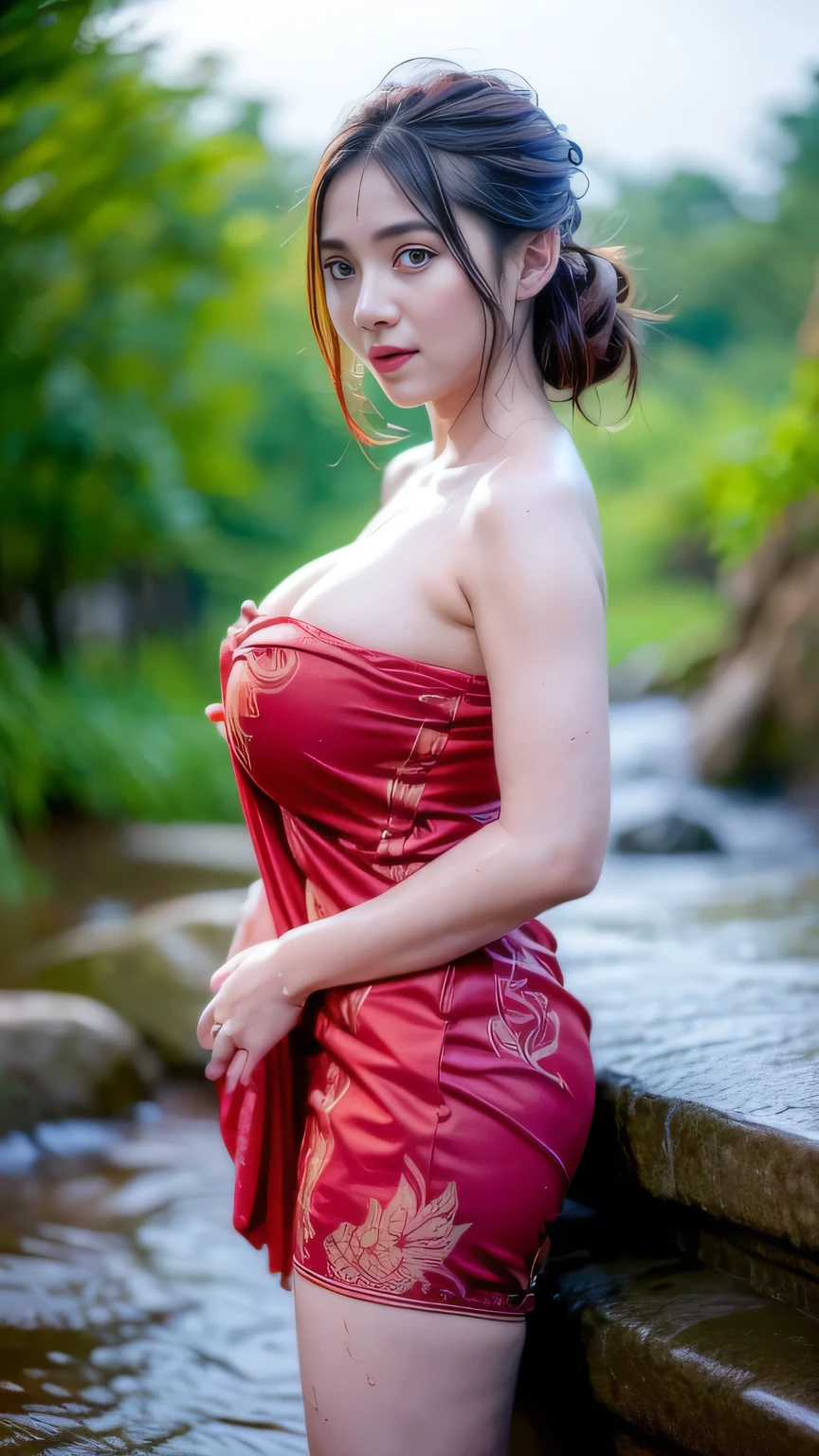 RAW, Best quality, high resolution, masterpiece: 1.3), beautiful Arabian woman, Masterpiece, rain, perfect wet soaked body, wet clothes, (big breasts:1.5), cleavage cutout, open breast, black chignon hair, open stand, realistic, (heavy hairy pubic:1.3), Soft smile, thick thighs, woman standing in the waterfall in a dark red batik patterned kebaya short dress, she is about 20 years old, pale white skin, wearing a sexy red kebaya dress, arms up