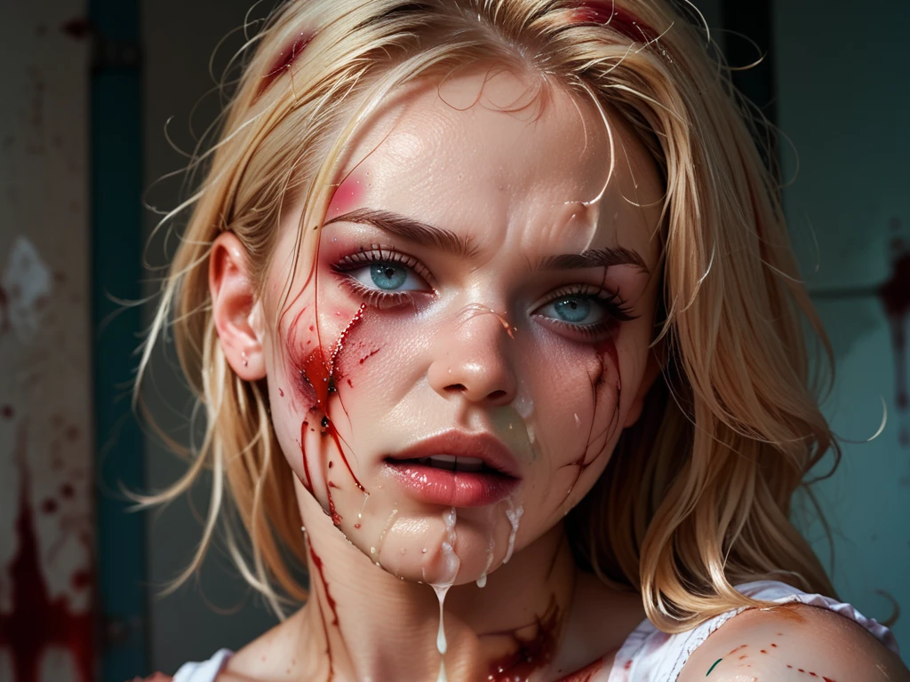 (finely detailed beautiful eyes and detailed zombie face,masterpiece sidelighting,masterpiece,best quality,detailed,high resolution illustration),, (1 topless zombie,whole body,sundress,lustrous skin,looking down,looking at viewer),, (yellow hair,blue eyes,ribbon, sheer clothes), (clothed_underbust:1.2),underboob