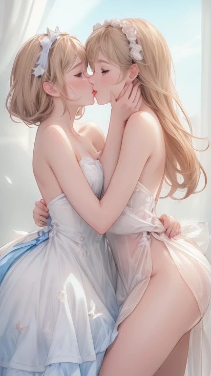 (masterpiece:1.2, of the highest quality, 8k, advanced details), In an intimate and NSFW moment, The two eighteen year old girls found themselves pressed against each other., Their bodies close enough to feel the heat radiating between them. A girl was trapped against the wall., his arms raised above his head, surrender to the touch of the other. The other girl grabbed her by the waist.., her hand going under her skirt, Their gazes stared deeply into each other's eyes.. With seductive expressions playing on their faces., They explored this forbidden moment, their hearts beating with desire.((underwear)),((luxurious room))