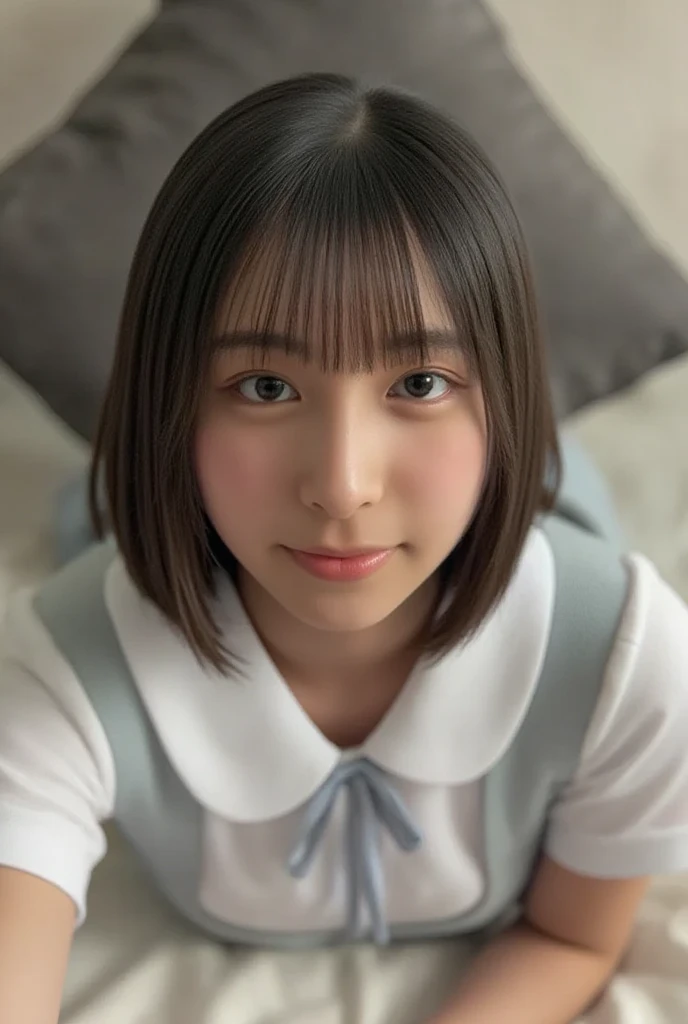 ((White short sleevesセーラー服、女子White short sleeves水兵服))、((Summer clothes、White short sleeves、(Navy Blue:1.1)、Pleated mini skirt、Red ribbon)、I can see your belly button))、1 girl、21 years old、Tight Abs、Slim body、masterpiece:1.3、Highest quality、Raw photo、Bob Hair、Brown Hair、Big Breasts、
