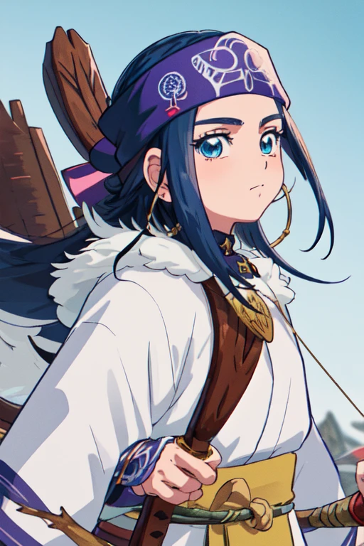 (highest quality, masterpiece, Raw photo,Super detailed:1.2), a close up of a person with a sword, inspired by Nishikawa Sukenobu, pixiv contest winner, shin hanga, blue scales. playing in the snow, fragile girl holding an arrow, naranbaatar ganbold, ninja scroll anime style, detailed character art, 2 0 2 2 anime style, wind sorcerer!, hd artwork, maplestory1 girl,alone,looking at the viewer, brave face、 Ainu national costume、asirpa、shooting a bow、