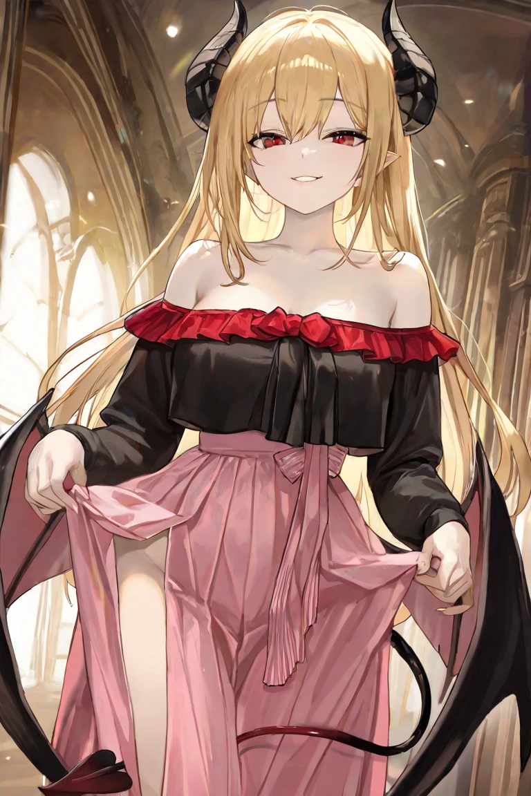 (masterpiece, high quality, detailed), 1girl, vampire girl, big poofy sandy-blonde hair, bright yellow eyes, hair drills, smug grin, (wearing slutty red dress), deeply low-cut dress, black fur trim, small beasts, petite, provocative, flowing cape, haunted castle interior, scattered rose petals, spooky, horror
