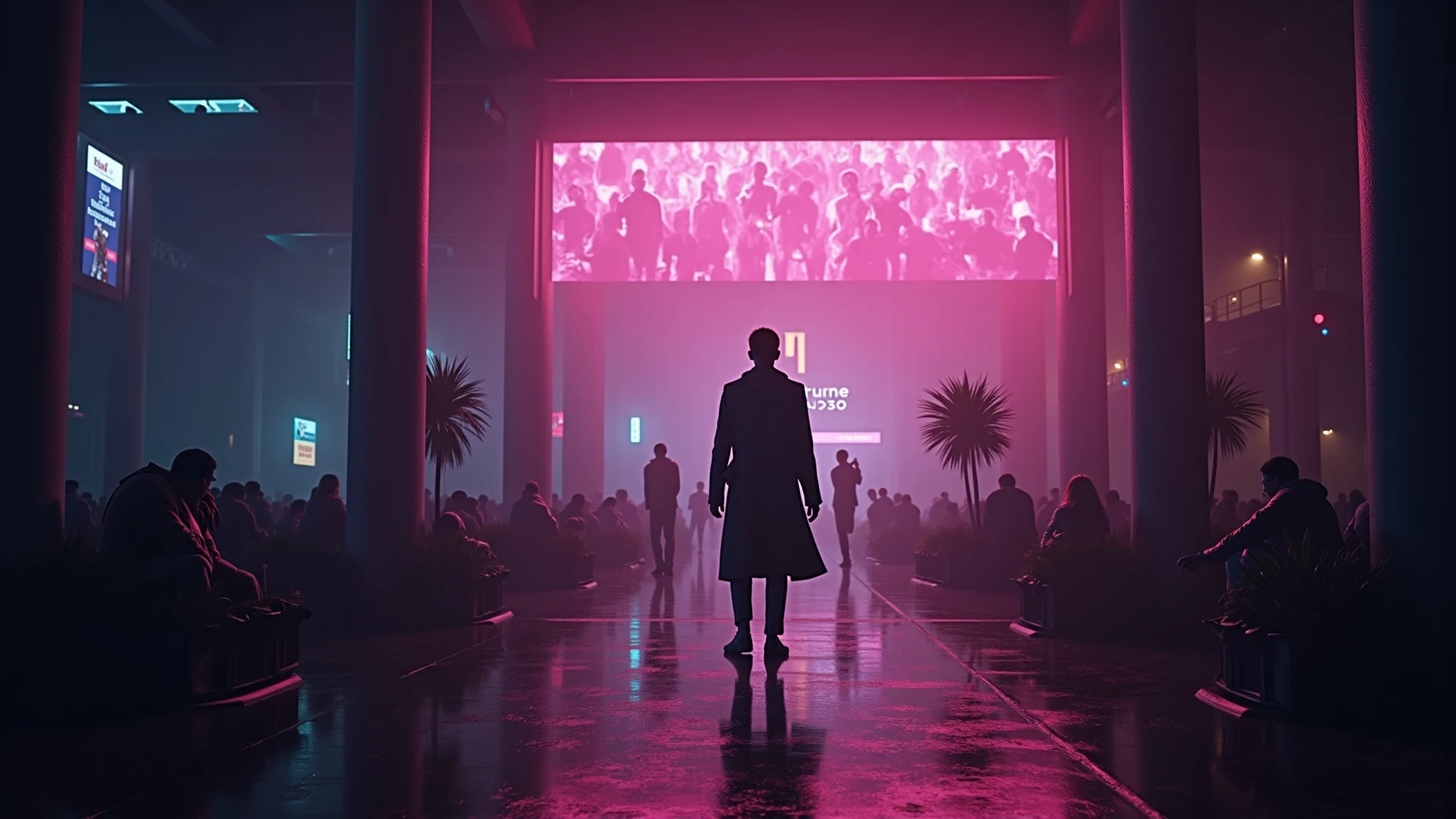 DSLR Best quality, detailed, photo, (80s style:1.2), 1980, (retro:1.2), man in ((business suit)), standing in a crowded nightclub, volumetric lighting, (german expressionism), neon, ((complex background)), KaiLexx,