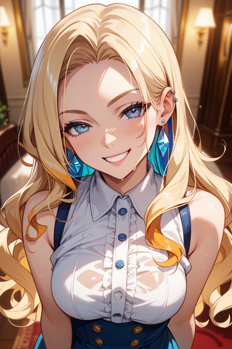 (table top), sexy、Natural light, realistic diffused light、, professional lighting、shine a spotlight on a person、Big eyes、eyes are blue、blonde、Russian、The background is a pub、smile、