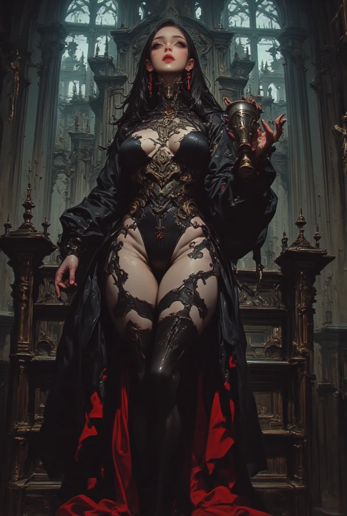 ((NSFW)), best quality (4K, high resolution, masterpiece:1.2), ultra-detailed, realistic (photo-realistic:1.37), Evangeline, the Black Queen of Despair, (majestic demonic enchantress), ((full body portrait)), ((wearing elaborate black rope that reveal her body)), (perfectly round and perky f cup breasts), (black jewelry), captivating yet intimidating gaze, hypnotic, demonic gold eyes, poised stance, (long black hair), (pale skin), intense and avaricious aura with a hint of darkness, (pure black color scheme), sharp focus, perfect, ominous lighting, confident, sinister demeanor, intriguingly wicked smile, powerful dark magic and sinister energy radiating from her eyes, (sorrow black eyes), entrancing yet eerie atmosphere, inspired by fantasy art and dark mythology, emphasizing her allure, (aura of despair), and horror charm, meticulous attention to facial details showcasing her stunning beauty, elaborate, striking visual impact, expressive yet wicked facial features, supernatural elements blended with a sinister reality, exceptionally detailed, super finely detailed and clawed hands, ultra finely detailed fingers (ten fingers), suggestive and intimidating posing, palace with a dark dreadful background.
