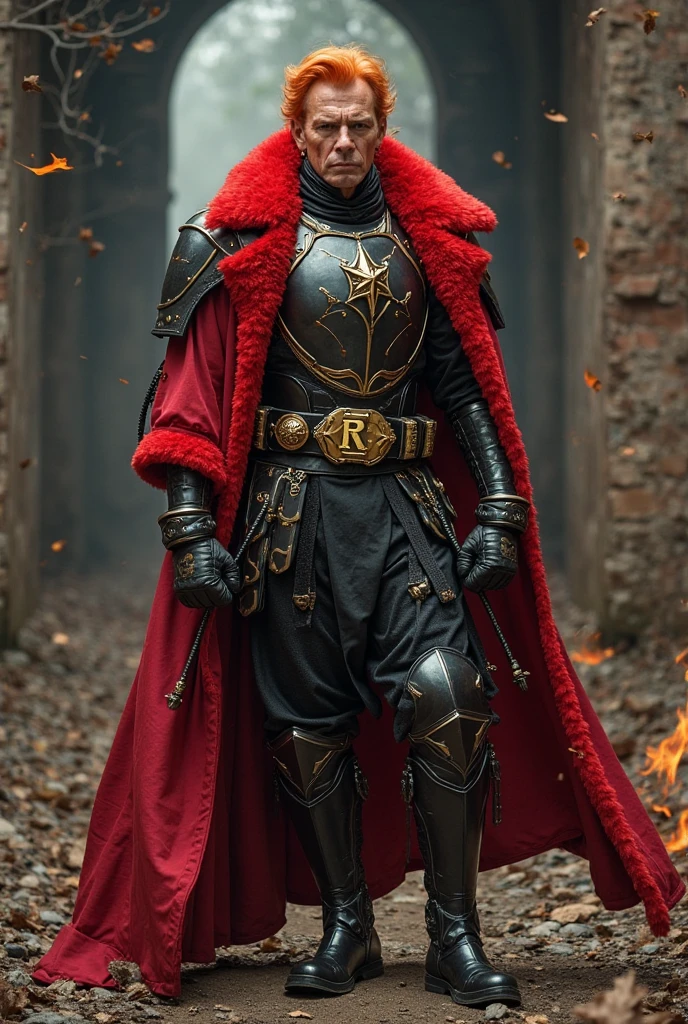 Male age 55, latin, dark orange hair visual kei, deep sight, black gold armor, armor breastplate with a pair four-pointed gold stars, a gold belt buckle with a letter R, scarlet red furry trench matrix gabardine open, gold belt, gold wristband, armor boots with red flames, cyberpunk japanese style, athletic strongest, magic powers, action, black cat nails, crazy pose, dark ruins backgroud, full body