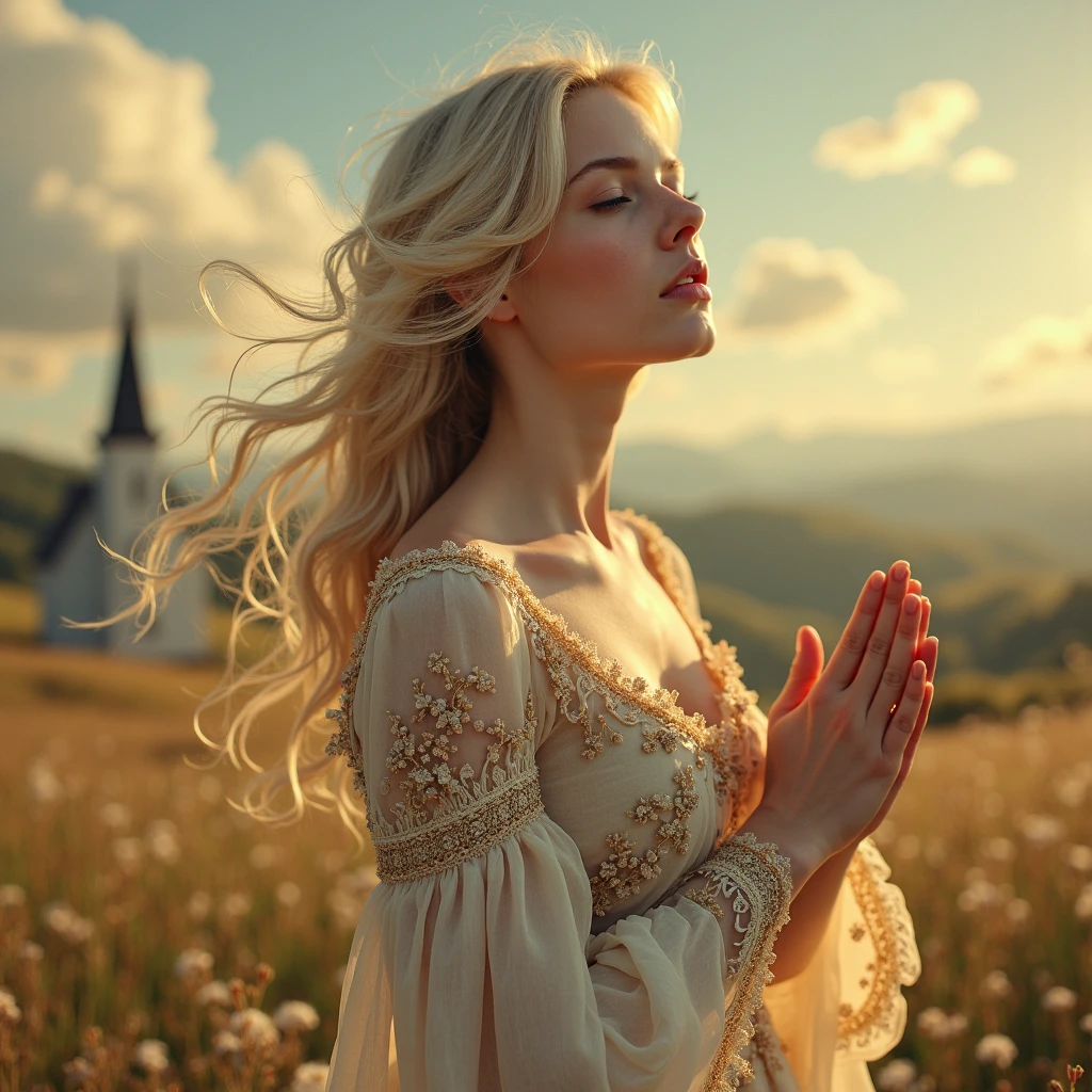 Jill, the Human from baldur's gate 3, best quality, ultra-detailed CG unity 8k wallpaper, praying, high resolution, dynamic pose, beautiful face, (blue eyes:1.2, black and blonde hair:1.3, white and gold robe, cleavage), depth of field, sunny plains, magic light), promiscuous smile, (high fantasy)
