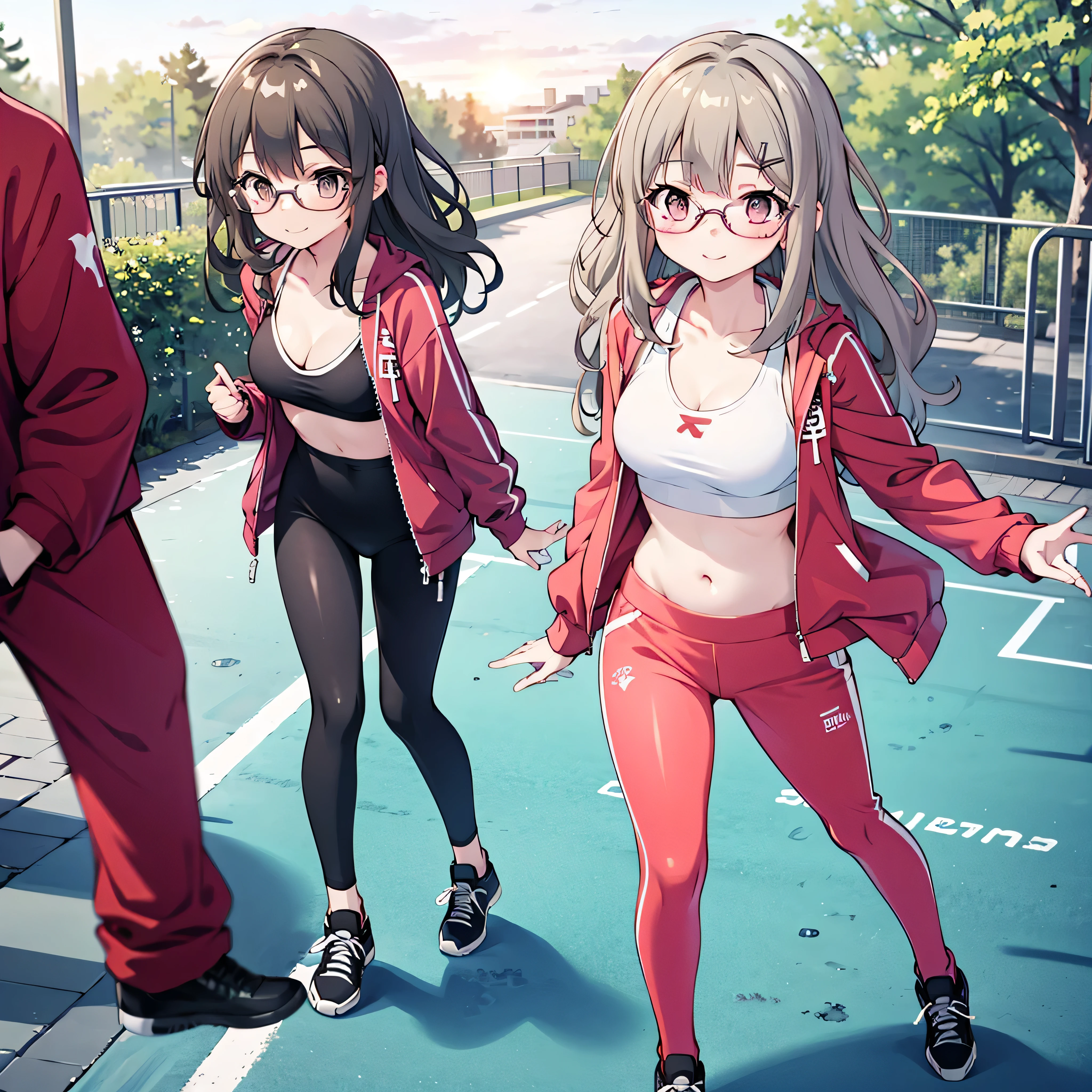 futaba rio, wearing a red track suit jacket unzipped, black sports bra underneath, tight black leggings, glasses, jogging in a park at sunrise, light breeze, confident smile, headphones around neck, relaxed sporty look, soft sunlight, anime style, masterpiece, 1girl, full body
