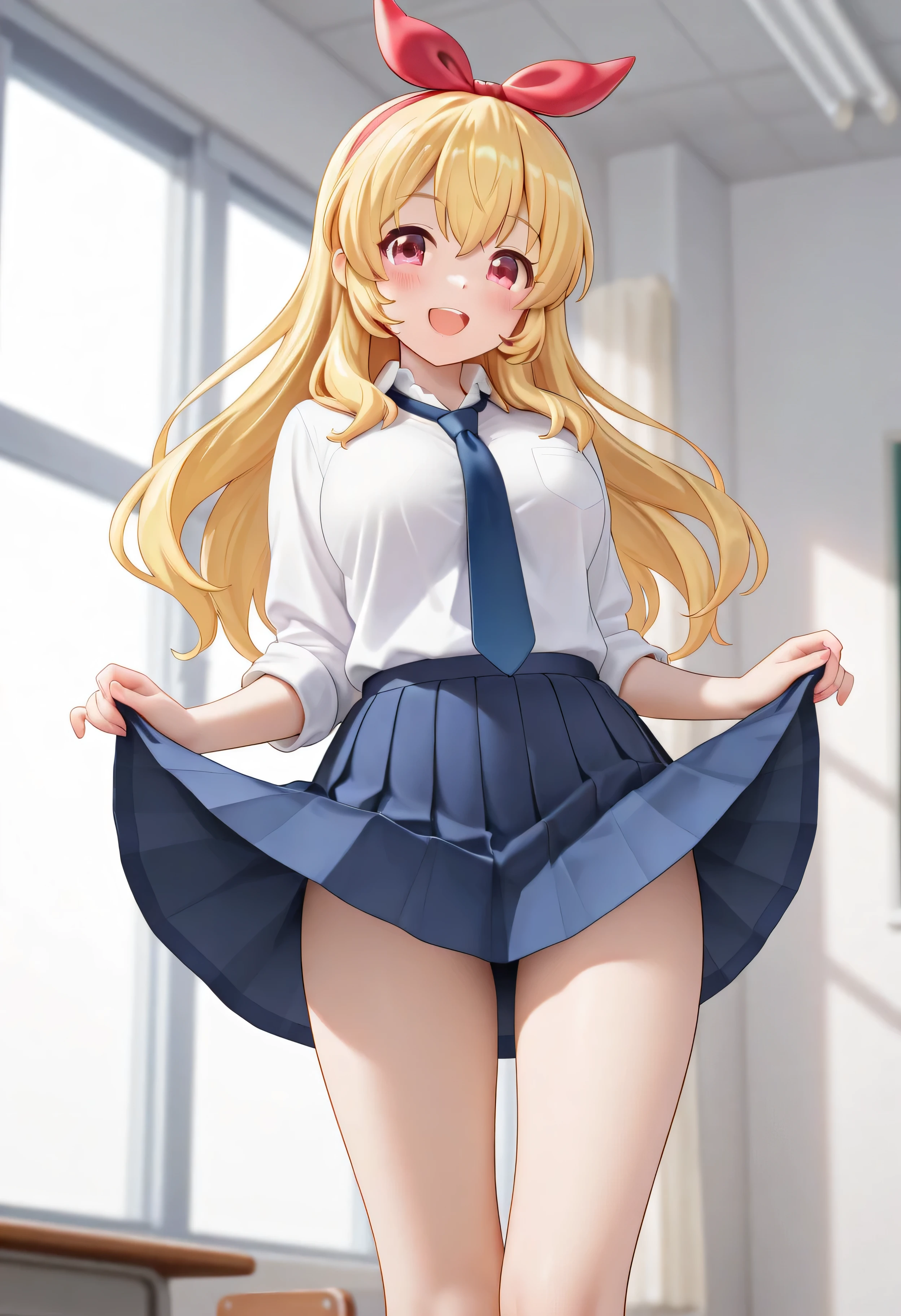 finest, masterpiece, High resolution, symmetrical, mature , alone, small breasts, long hair, composition show me your white pants, slender beautiful feet, very beautiful 17 year old girl (not wearing shoes) feet), blush, shy big eyes, looking at camera, show me your white pants, white ruffle lingerie, high school uniform blazer, High white blouse, There is a blue ribbon attached to the high part., High style with short plaid pattern and navy pleated skirt, butterfly hair ornament, blonde, long hair, school classroom, (from below:1.3), camel toe, Smile
