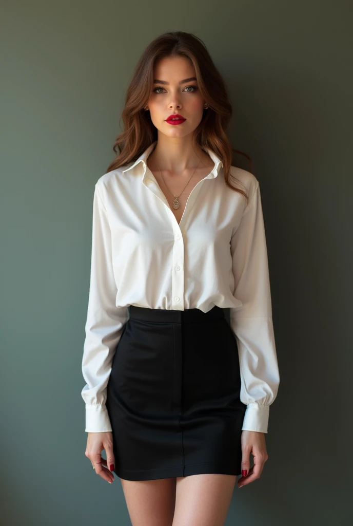 a photo of a seductive woman, age: undisclosed, Solo, Loose styled redhead hair, posing in a dark studio, wearing a Button-up Shirt and Trousers, intricate details visible in her attire, goosebumps visible on her skin, flawless face with light freckles (0.9), (photorealistic: 1.2), raw image capturing her shy, prude demeanor, the subtle Play of light and shadow in the studio adding to the allure, delicate textures, fine details, RAW file format.
