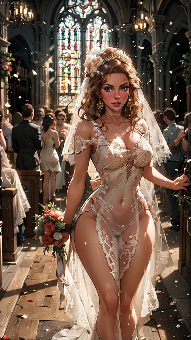 woman in a high front slit wedding dress,wearing see trough dress, inside church, walking down church aisle, surrounded by people, detailed face, elegant, photorealistic, 8k, best quality, highly detailed, intricate, dramatic lighting, cinematic, romantic, soft focus, warm colors, wedding bjd, seethru