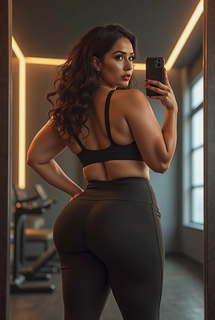 A perfect woman, with a large bust and butt, taking a selfie in the gym mirror wearing tight little shorts and a Topper.