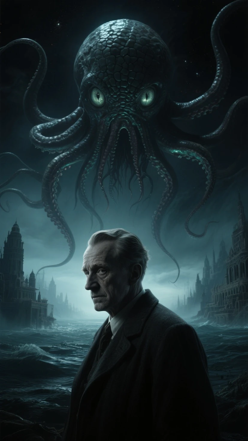 1boy, Cthulhu, The Call of Cthulhu, eldritch horror, old god, dark fantasy, cosmic horror, creature, monster, tentacles, wings, glowing eyes, detailed anatomy, unspeakable abomination, nightmarish, twisted, grotesque, surreal, dark colors, moody lighting, cinematic composition, dramatic camera angle, chiaroscuro, dark ambiance, shadowy depths, otherworldly, H.P. Lovecraft, 8k, highres, ultra-detailed, masterpiece, best quality, very aesthetic, absurdres