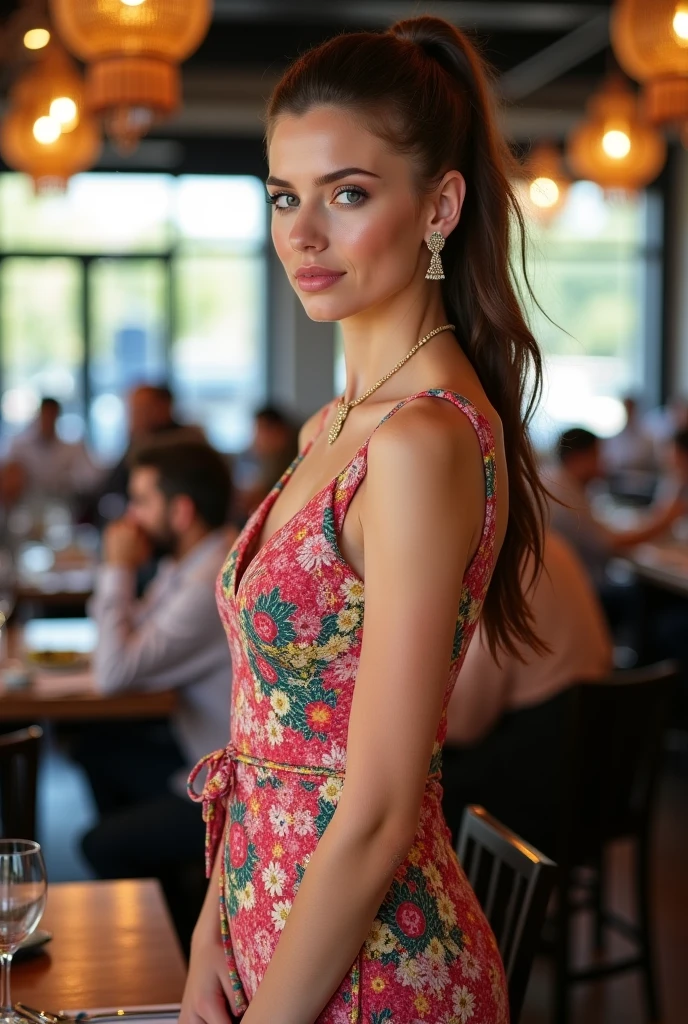 photography of a stunning girl, ((full body shot)), wearing stylish day Wear, at the restaurant, enjoying, girl, summer, hot girl, (((medium bust))), brunette hair, long_hair, looks into the camera, zoomed out,((full body shot)), symmetrical face, photorealistic, photography, spectacular lighting,, gorgeous, cleavage, western, (masterpice), best quality, high resolution, extremely detailed, skin with pores, depth of field, cinematic lighting