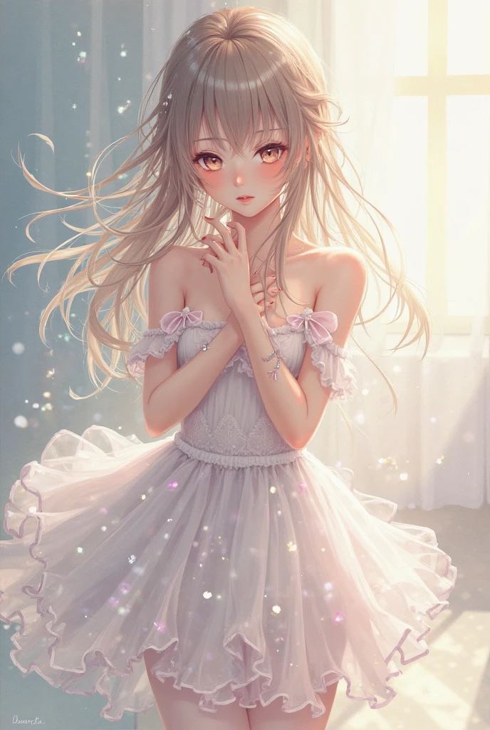 (RAW Photos: 1.2)、((masterpiece))、((Highest quality)、16K、Textured skin、Cinematic lighting、White camisole、(Skimpy small breasts)、(Slender, small chest)、1 person、Beautiful small breasts、Light brown hair、Cute teenage girl,White panties