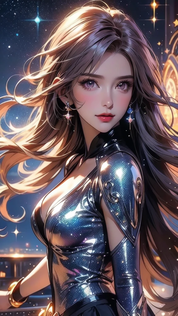 (a),beautiful woman, detailed face with (Winx),longhair,(beautiful,lovely,dreamy) eyes,beautiful nose,beautiful mouth,soft lips,(extremely detailed eyes and face),longlashes,eyebrows,smooth skin,(perfect complexion:1.1),irresistible charm,slender neck,(long,flowing) dress,(elegant,graceful) figure,confident posture,standing in front of (the,an) (enormous,spectacular) (starry,sprinkled) (space,galactic) background,(inky black sky:0.9),(best quality,4k,8k,highres,masterpiece:1.2),ultra-detailed,(realistic,photorealistic,photo-realistic:1.37),professional,vivid colors,(rich,contrastive) color palette,(soft,gentle) lighting, ethereal atmosphere