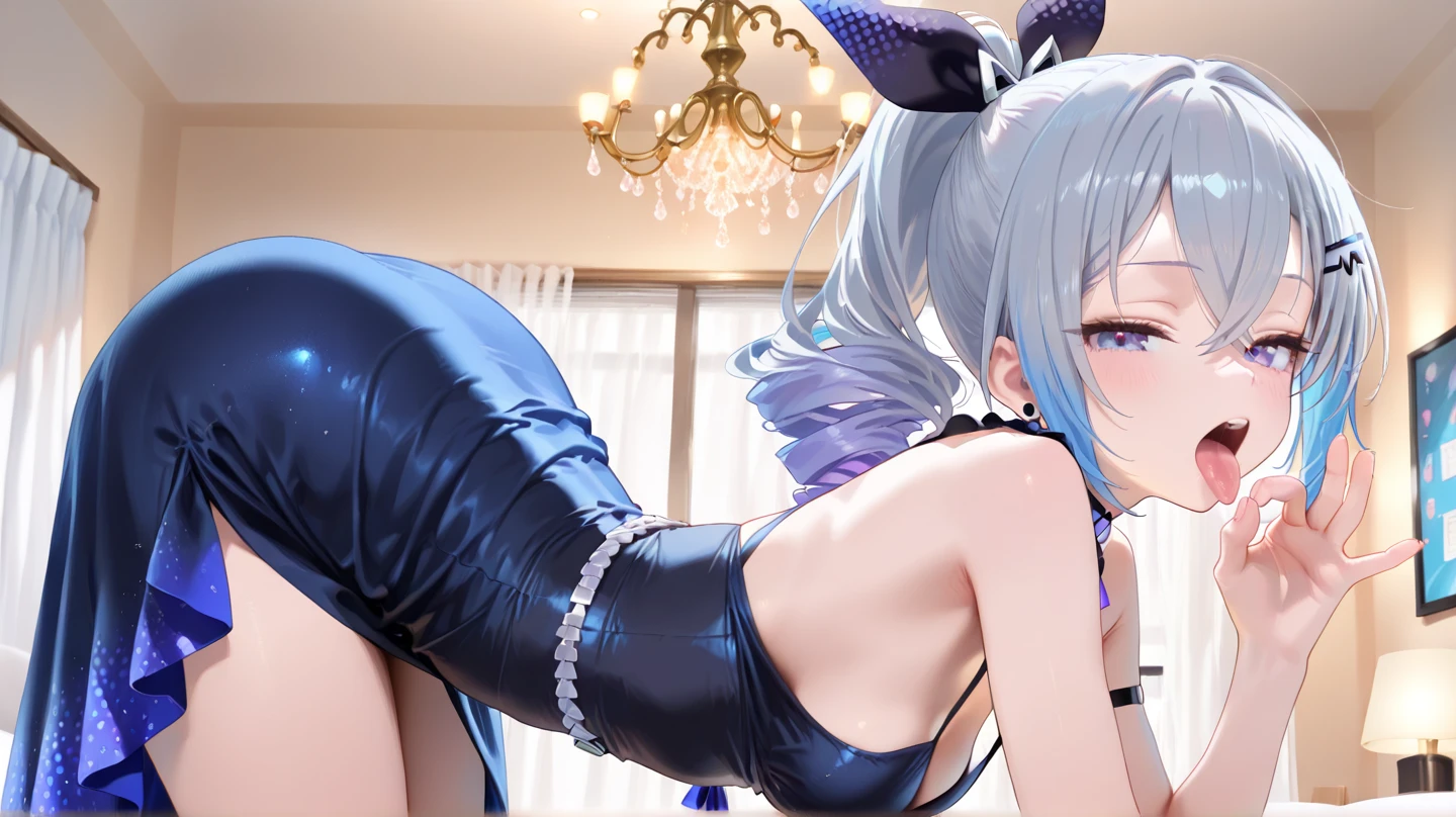 Best picture quality，highly  detailed，Body and facial contours:1.2）Rainy days，Wear a white bra，White lace erotic panties，Pouting ass，animemanga girl ，Weakness of the body，Slim waist，slender leg，Bedrooms，facing away from the audience，Side head，Long hair with a high ponytail,Wear white pink mixed cat ears