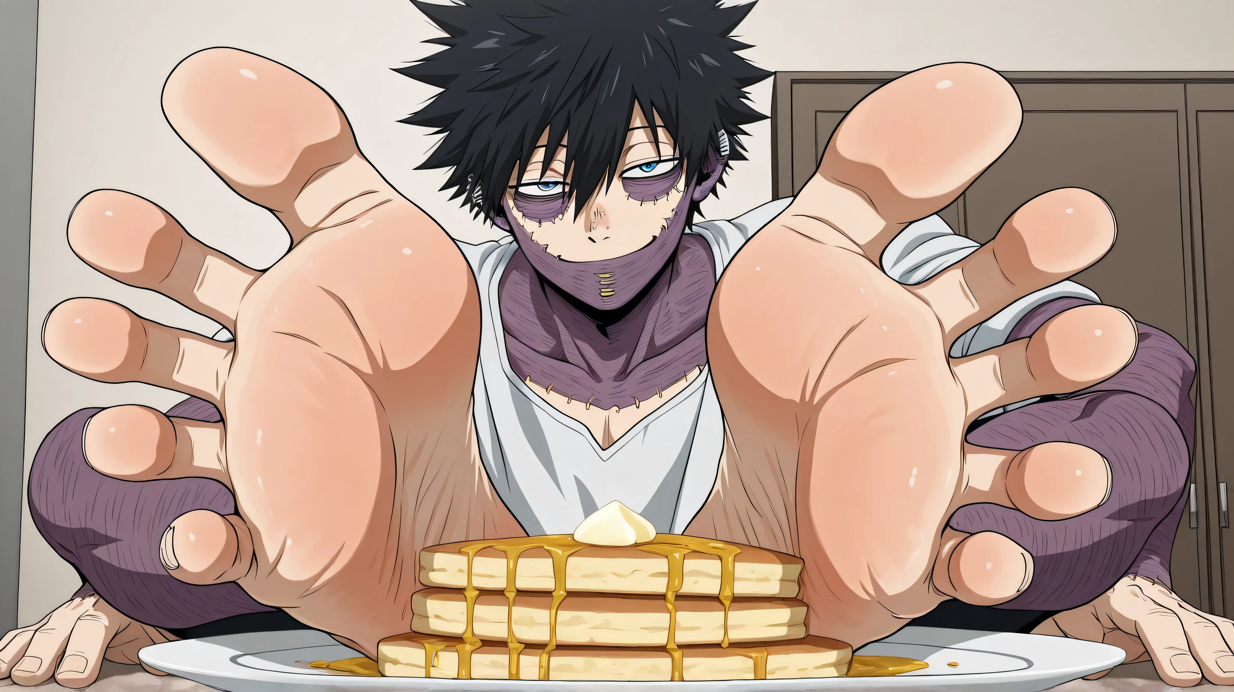 1boy, [dabi_bnha, black hair, blue eyes, short hair, spiked hair, hair between eyes, messy hair, bangs, scar, burn scar, scar on face, piercing, ear piercing, stitches], barefoot, (five toes), foot focus, teasing viewer with feet, cocky smirk, big feet, anime screencap, anime coloring, sketchy anime style, official style, kitchen, feet crush plate of pancakes, thick glossy light golden brown liquid on soles and toes