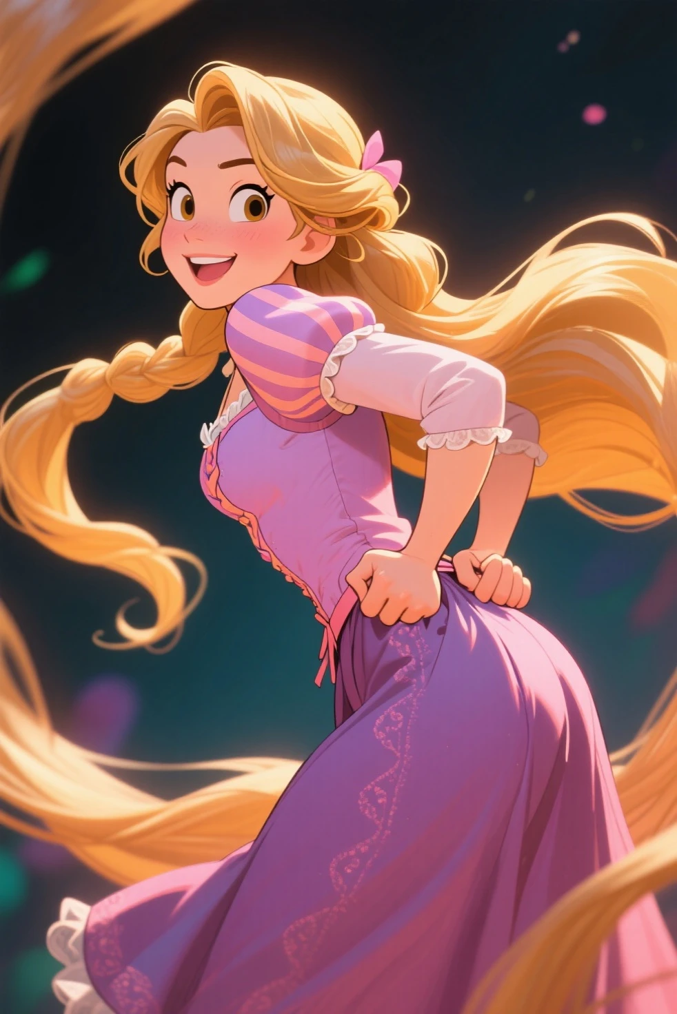 a doodle of <lora:rapunzel:0.7>rapunzel, 1girl, solo, long hair, smile, blonde hair, dress, very long hair, green eyes, barefoot, full body, purple dress (masterpiece:1.2), (best quality), (ultra detailed), (8k, 4k, intricate),(full-body-shot:1), (highly detailed:1.2),(detailed face:1.2),(detailed background),detailed landscape, (dynamic angle:1.2), (dynamic pose:1.2),, badly drawn <lora:doodle:0.6>,  (masterpiece:1.0), disney style,  messy, colored chalk, scribble, flowers, colorful, garden, colorful background, (holding pencil brush, paint strokes:1.3)