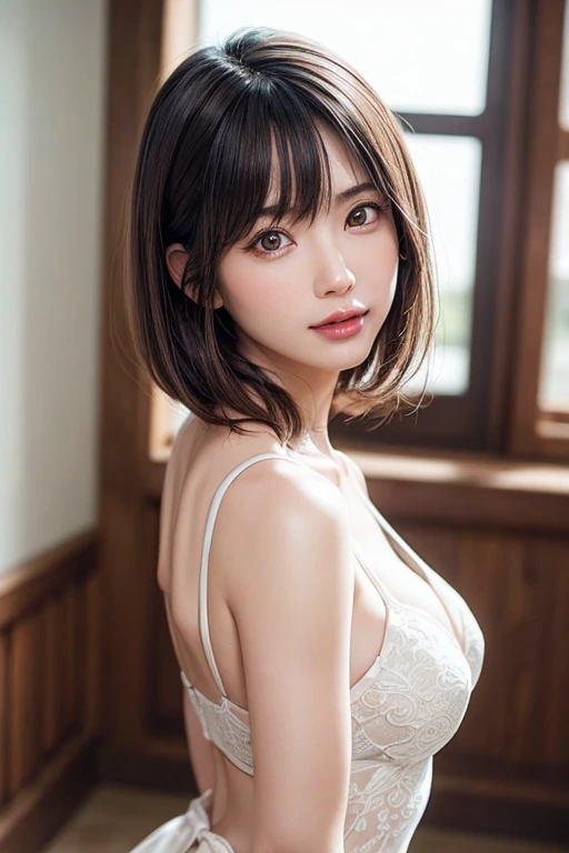masterpiece, 1 beautiful girl, Delicate eyes, swollen eyes, best quality, 超high resolution, (Reality: 1.4), original photo, 1 girl, light, Japanese, Asian Beauty, Korean, Clean, Super beautiful, Beautiful skin, slim, Cyberpunk short hair, (超Reality的な), (high resolution), (8K), (Very detailed), (Best Illustration), (美しくdetailed目), (Very detailed), (wallpaper), (Delicate face), What is the audience like?, detailed, Delicate face, purebred face_v1、46 points side bangs、Direct vision、black eyes、Front facing the body、Brown hair、A bright smile、Naked back see-through dress、Off-shoulder、Big 、big nipples