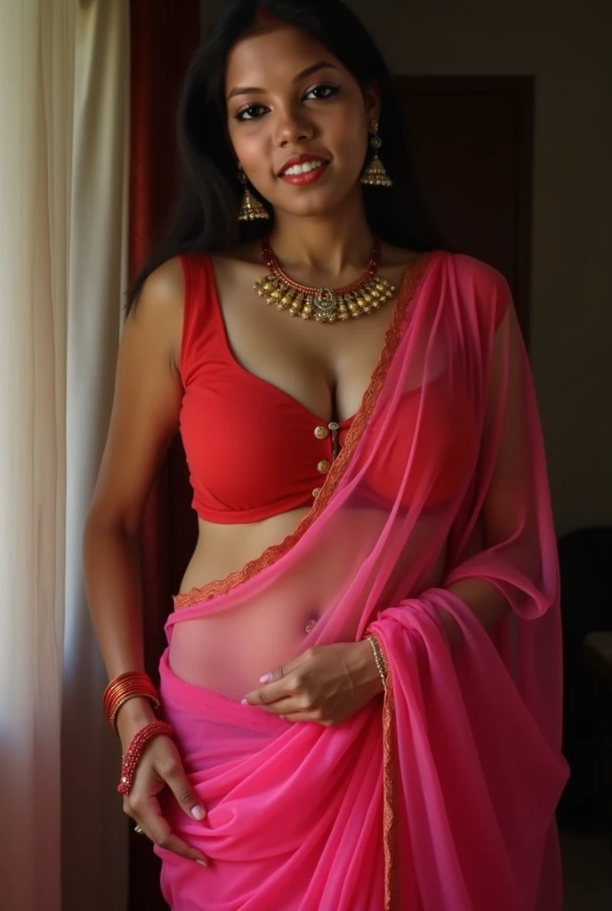 One woman in pink bra big boobs and saree hot and full body Indian
