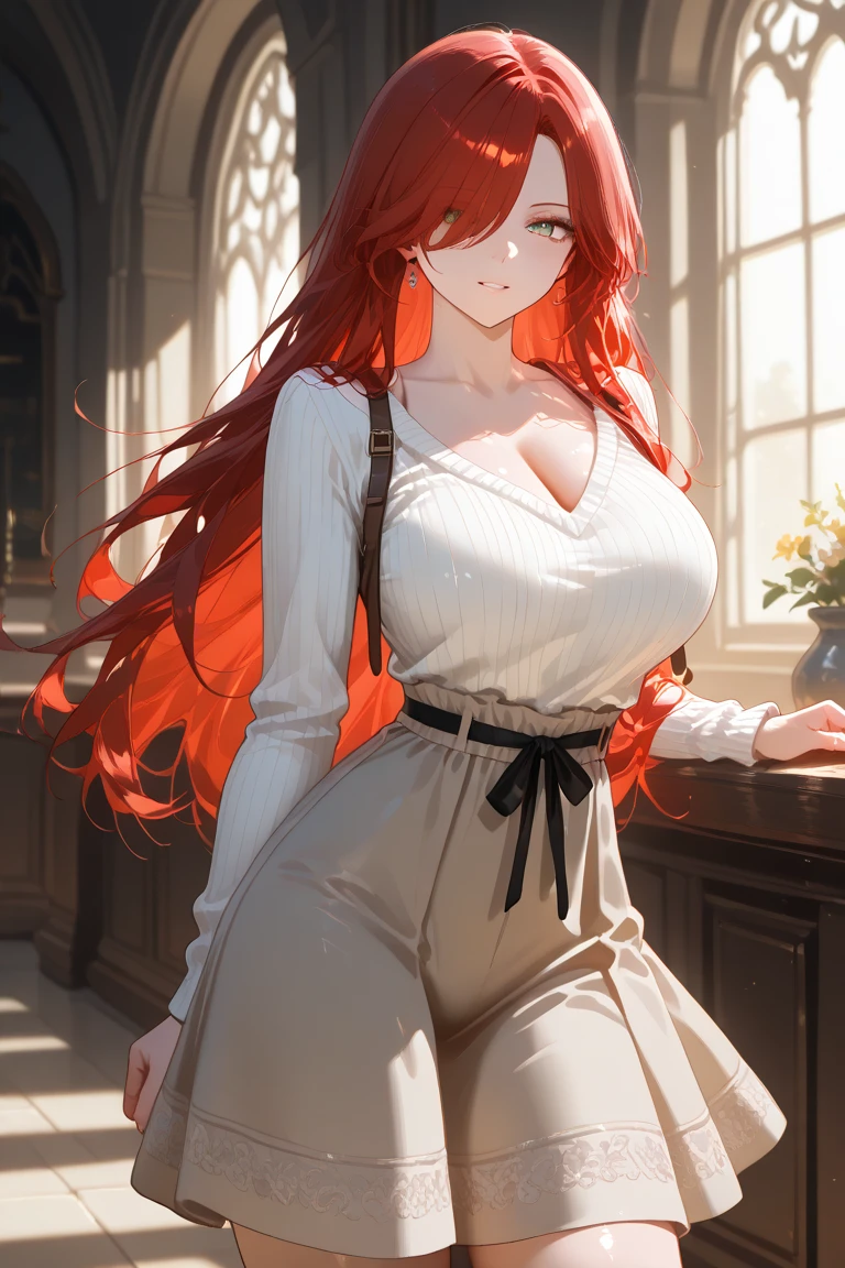 Young woman mother, Authoritarian, look of superiority, long red hair, greeneyes, sexy and robust body. She is wearing casual clothes. Home scenario.