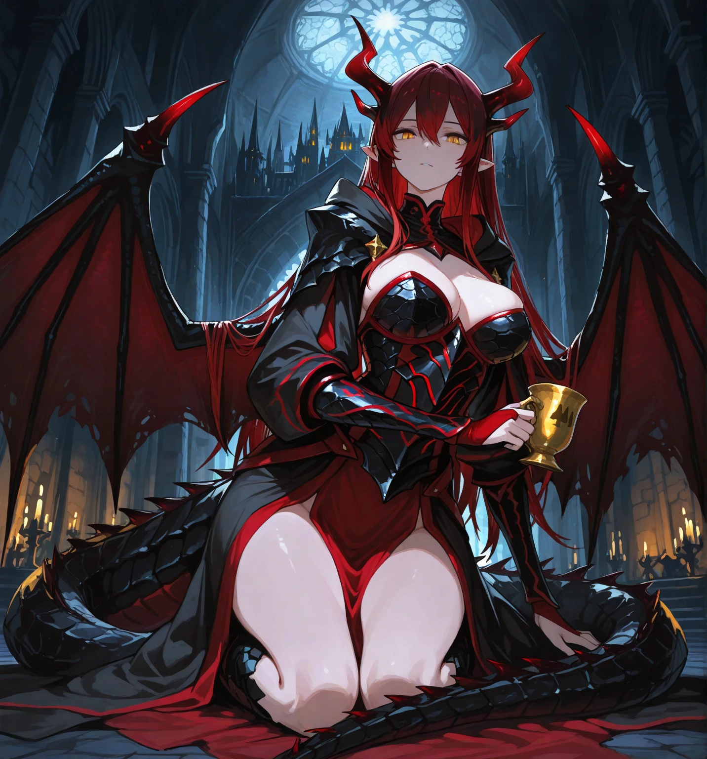((sexy queen of hell)) ((beautiful face)) ((evil smile)) ((red gloss lipstick)) ((very dark eyeshadows make up)) ((detailed eyes))((big bright yellow eyes)) ((very long messy light redhead hair)) ((sensual lips)) ((huge breast:1.5)) ((wide hips:1.4)) ((perfect slender body torso1.3)) (((wears long dark fantasy dark red dress with glowing gold ornament, showing pussy))) (((glowing gold crown, goat horns, devil tail, bat wings))) ((gold jewelry, choker, gold earrings, fishnet stocking)) ((queen posing sensual on hell dark castle balcony, red sky, full moon, at midnight))((evil magic aura light around her))((high resolution:1.4)), (dynamic shadows)((photorealistic:1.5)) ((masterpiece:1.5)) (8k:1.3) (perfect face) ((best quality:1.4)) (perfect hands and eyes)((()))