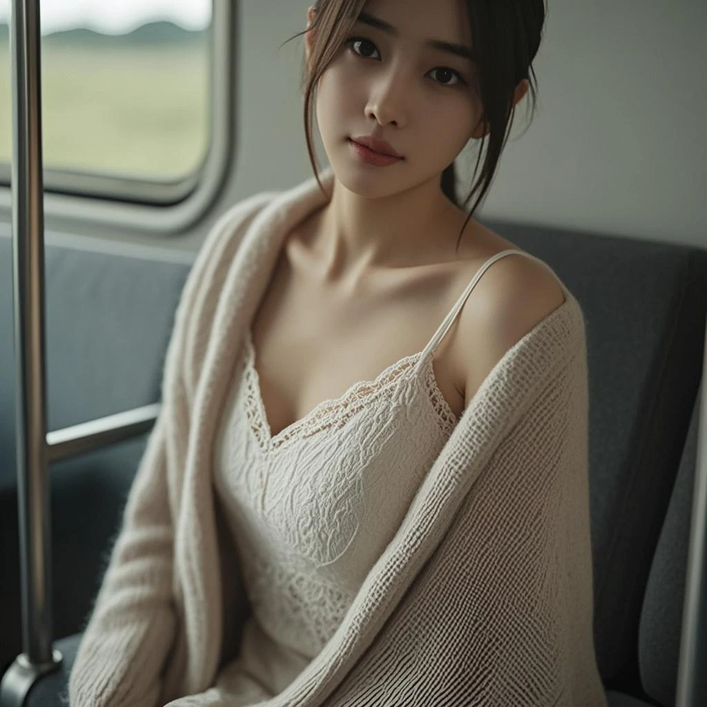 best quality, extremely detailed face, perfect lighting, (1girl, solo:1), (light brown cardigan), ((skinny)), ((puffy eyes)),phantom light,(((black hair))) ,(tied hair),Low cut dress,full body,sitting, small breasts, in the train,old train, sitting seat, (head tilt:1.1), from above, upper body, (sleeping:1.5), (cleavage:0.8)(,nipple slip:1.1), Off shoulder, (from above:1.1), pov, <lora:BeautyNwsjMajic2-01:0.4>,PerfectNwsjMajic