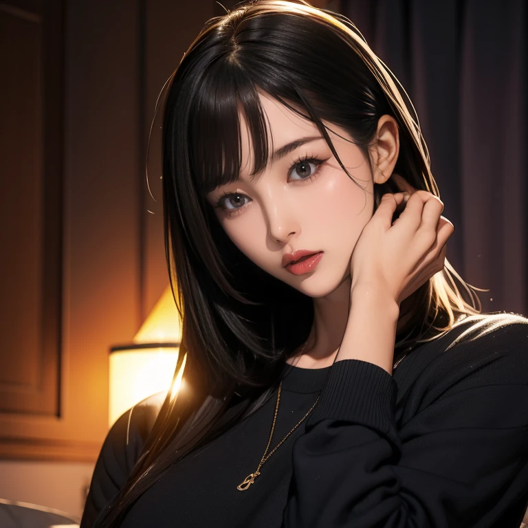 There is a woman sitting on a sofa with her hand on her chin, Ishida Sui with black hair, Yoshitomo Nara, Japanese Model, Shot with Canon EOS 5D mark iv, Shot with a Canon 5D MK4, Black Hair Girl, Elegant Japan Woman, Shot with Canon EOS R 6, Shot with Canon EOS 5D