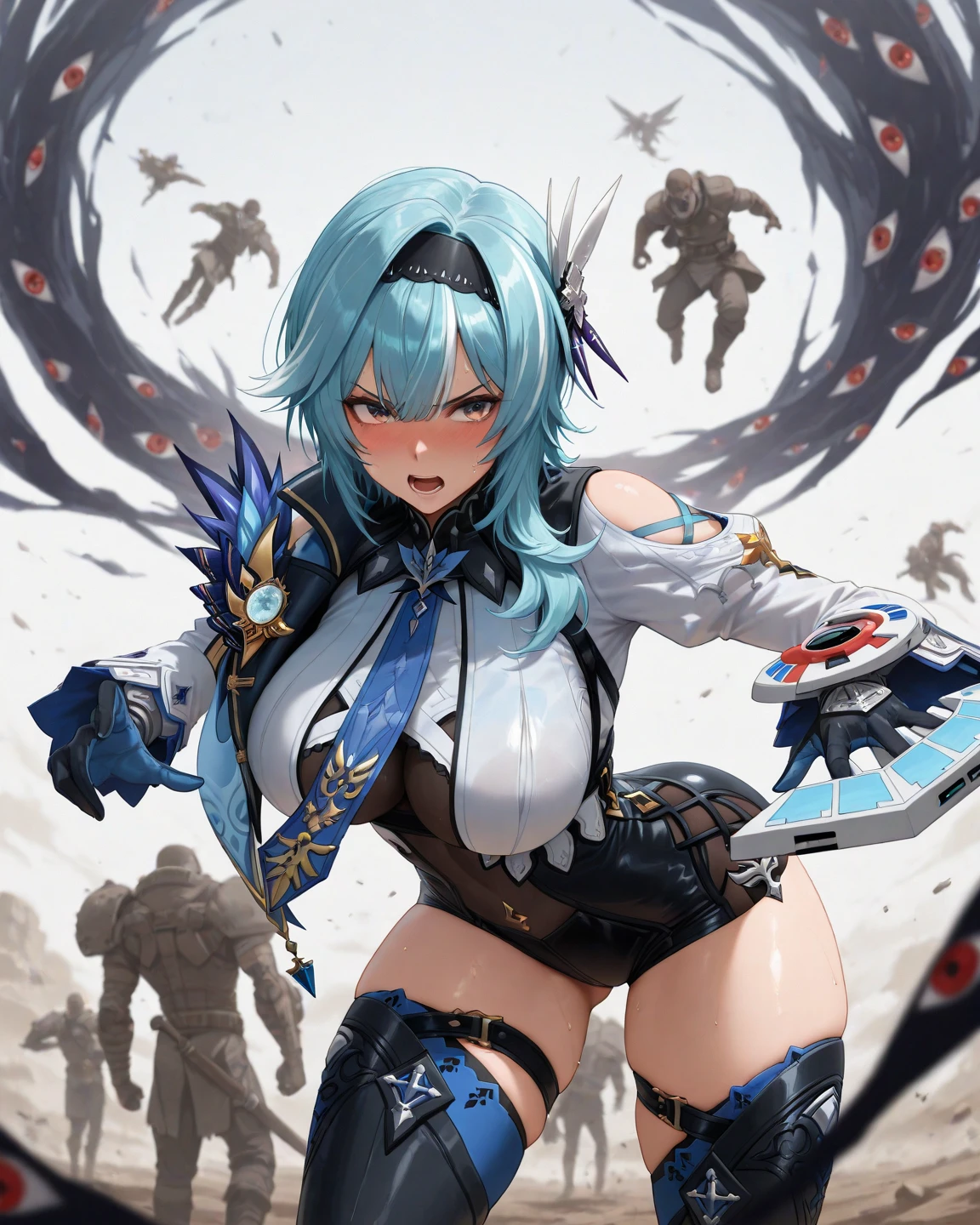 blackdahlia
mask
weapon
hat
hat feather
black dress
side slit
cape
white thighhighs
elbow gloves
cleavage, serious face