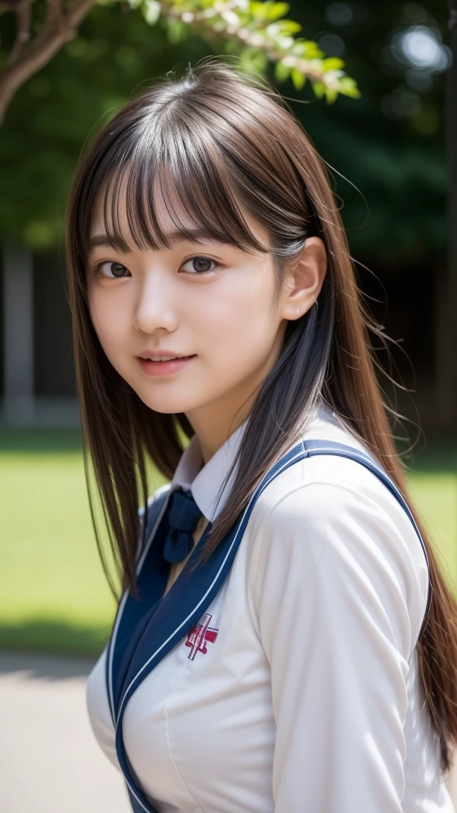 cute, アイドルのようにcute16歳の高校生、High School Uniform、Young cute face、Very short、Smiling Kindly、High school suburban classes、High はCleavageが見えるデザイン、Small breasts、Cleavage、Nipples out、Forest Park、Dim lighting、whole body、RAW Photos、Genuine、Real、realism、Raw photo、High resolution、Life、No copyright notice