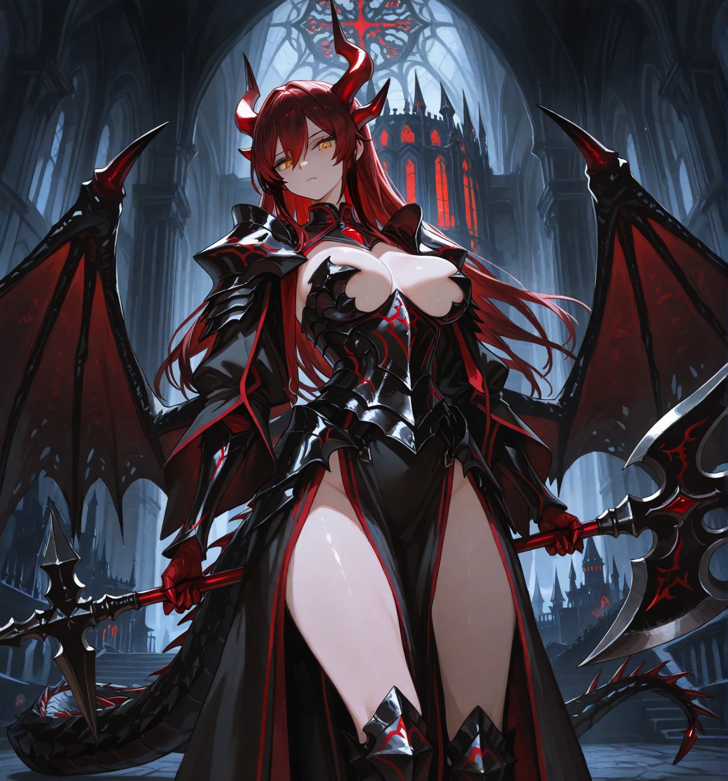 (masterpiece, best quality, detailed background, intricate details), dark castle, 1girl, demon, red hair, blue eyes, slit pupils, curled horns, wings, fangs, black armor, bones, night, red moon