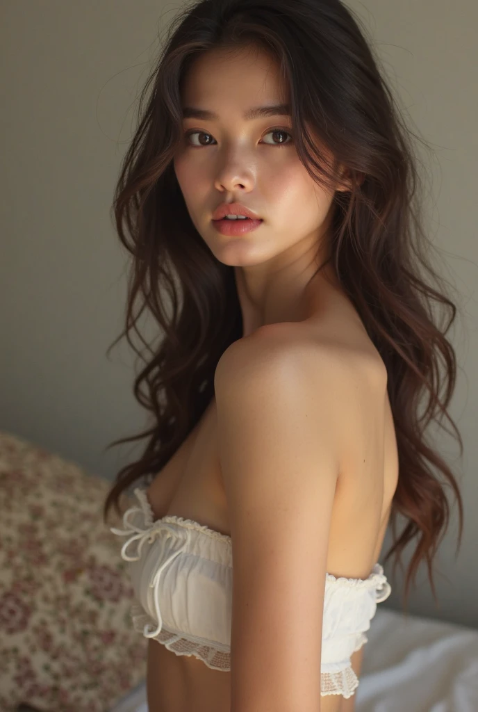 Beautiful elderly woman, cute,sexy,55 years old,,sexy, old woman,freckles, super long suckable droopy tits:1.6 Big saggy Breasts, torpedo tits, puffies, Nude, popped out, nipple seen, one boob out, , Side boob, Curly Hair bunches like a school girl, loop earrings, hair bunches, cute hair, rosey cheeks, Create a highly detailed and realistic oil painting of a Filipino woman bathing. She has long, dark hair, and is depicted in a warm, intimate setting with sunlight streaming through a window behind her, illuminating her figure and casting gentle shadows. The background features rustic, earthy tones with hints of a tropical environment visible through the window. Her expression is calm and serene, and she is dressed in a delicate, partially transparent garment that clings to her wet skin, adding to the painting's sense of realism and intimacy. The artist's brushstrokes should be visible, adding texture and depth to the painting, capturing the play of light and water on her skin and surroundings.