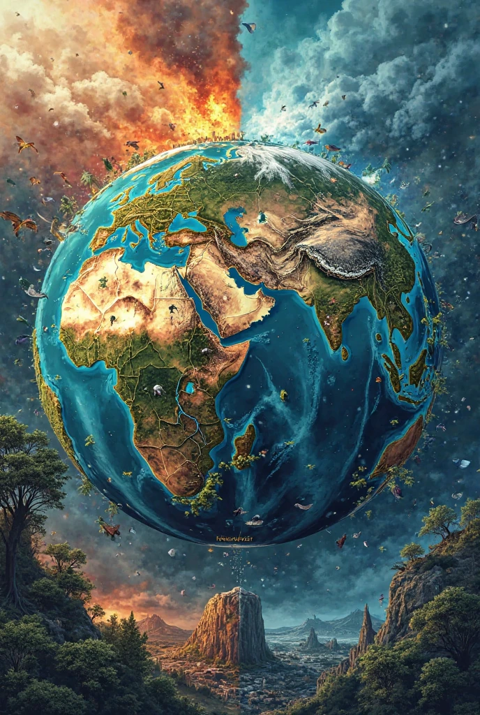 a collage with a world geography theme , maps and art